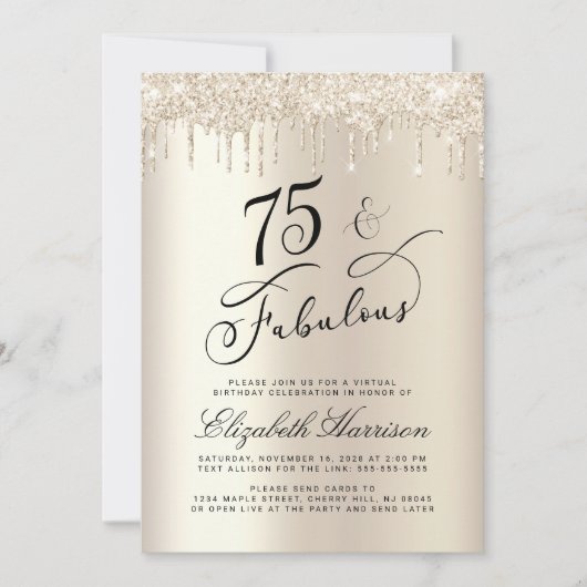 Elegant Goud Glitter Virtual 75e Verjaardagsfeest Kaart (Voorkant)