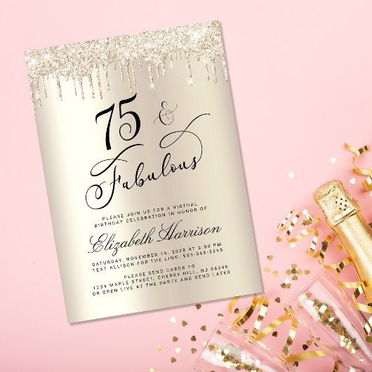 Elegant Goud Glitter Virtual 75e Verjaardagsfeest Kaart
