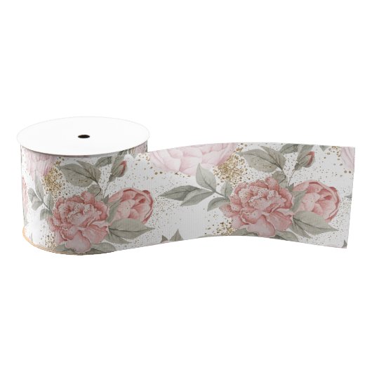 Elegant Goud Glitter Waterverf Roze Pioen Bloemen Grosgrain Lint (Spoel)