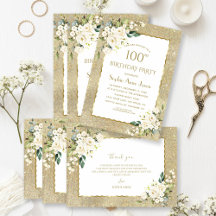 Elegant Goud Glitter Witte Bloemen 100ste Verjaard