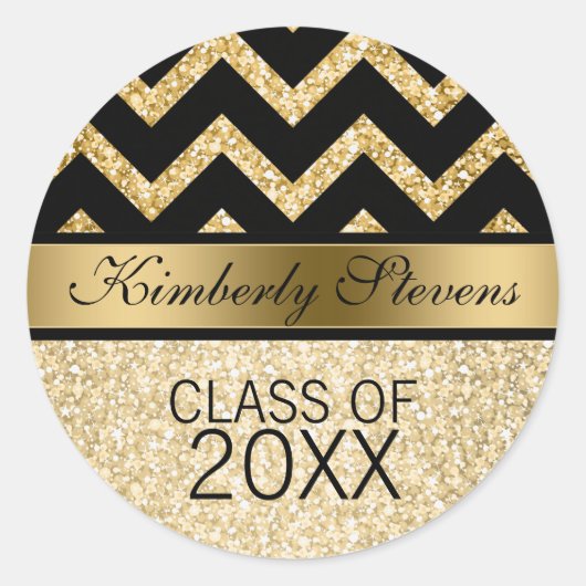 Elegant Goud Glitter Zwart Chevron-Afstuderen Ronde Sticker (Voorkant)