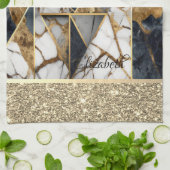 Elegant Goud Glitter Zwart Marmer Geometrisch Theedoek (Gevouwen)