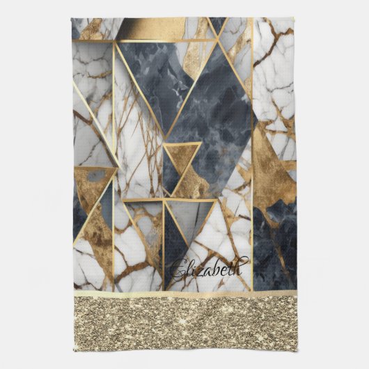 Elegant Goud Glitter Zwart Marmer Geometrisch Theedoek (Verticaal)
