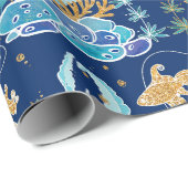 Elegant Goud Glitterig Blauw Onder het Zee Cadeaupapier (Rol Hoek)