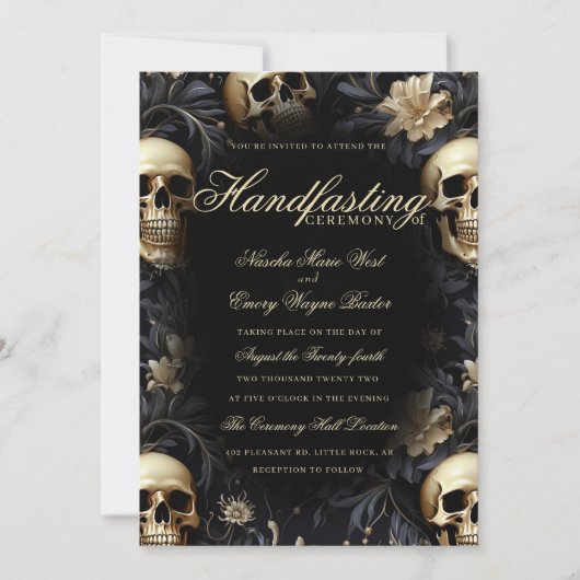 Elegant Goud Gotische Bloemen Skulls Handfasten Kaart (Voorkant)