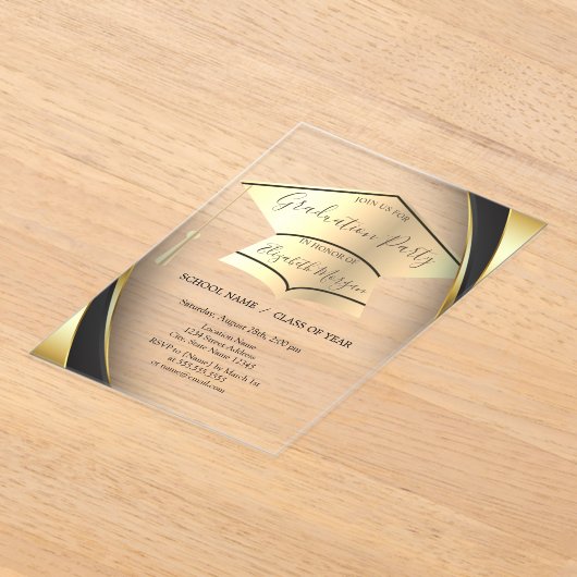 Elegant Goud Graduation Cap Lijst Zwart Afstuderen Acryl Uitnodigingen (Laagn)