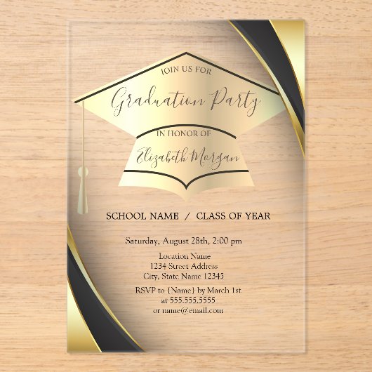 Elegant Goud Graduation Cap Lijst Zwart Afstuderen Acryl Uitnodigingen (Voorkant)