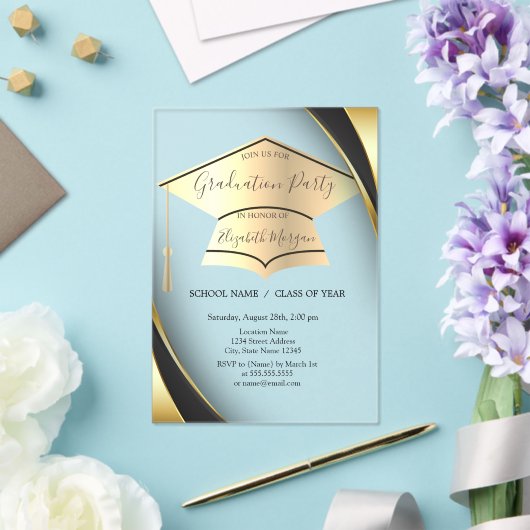 Elegant Goud Graduation Cap Lijst Zwart Afstuderen Acryl Uitnodigingen (Insitu (Huwelijk))