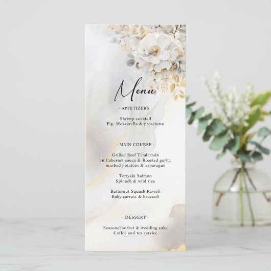 Elegant Goud Grijs Goud Bloemen Bruiloft MENU (Staand voorkant)