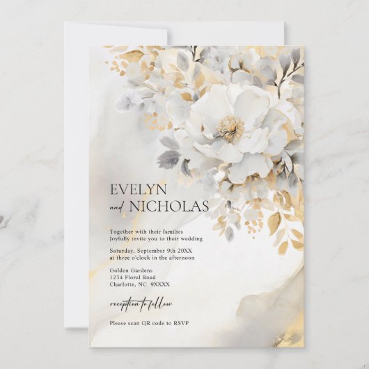 Elegant Goud Grijs Goud Bloemen Wassen QR code Kaart (Voorkant)