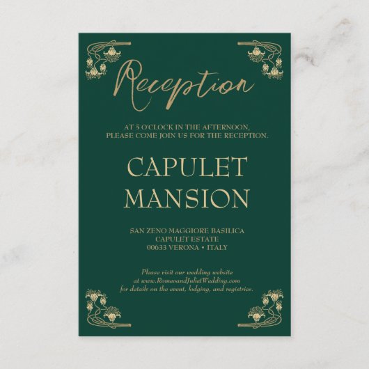 Elegant goud & groen Art Deco bruiloft receptie Informatiekaartje (Voorkant)