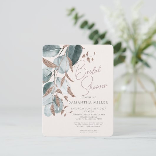 Elegant Goud Groen Bladeren Bruids Douche Uitnodig Kaart (Staand voorkant)