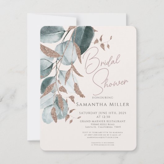 Elegant Goud Groen Bladeren Bruids Douche Uitnodig Kaart (Voorkant)