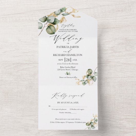 Elegant Goud Groen Bruiloft All In One Uitnodiging (Binnen)