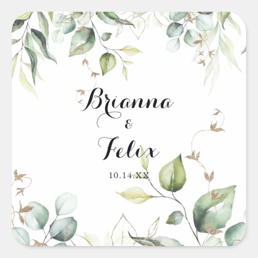 Elegant Goud Groen Bruiloft Envelop Afdichtingen Vierkante Sticker (Voorkant)