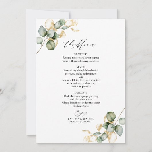 Elegant Goud Groen Bruiloft Menu Kaart (Voorkant)