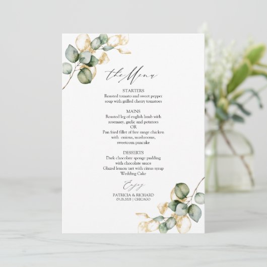Elegant Goud Groen Bruiloft Menu Kaart (Staand voorkant)