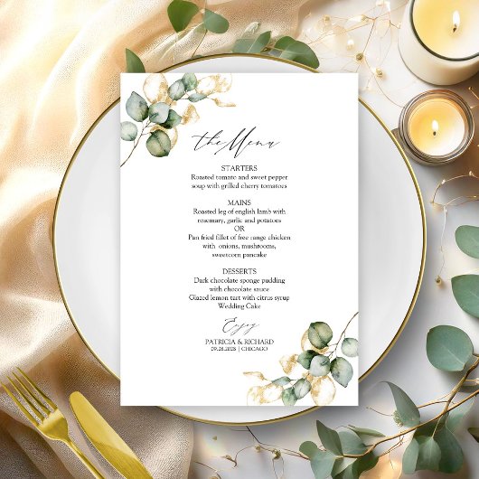 Elegant Goud Groen Bruiloft Menu Kaart