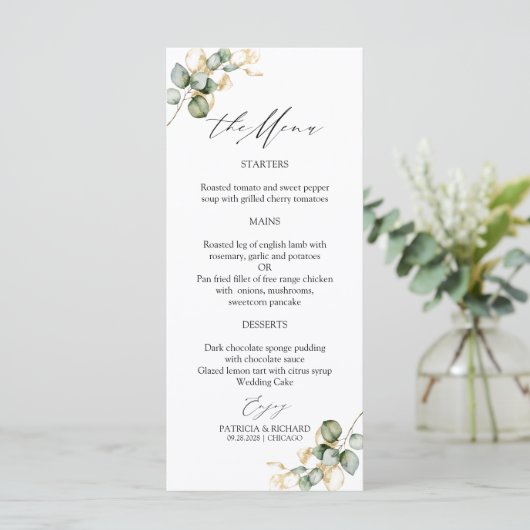 Elegant Goud Groen Bruiloft Menu Kaarten (Staand voorkant)