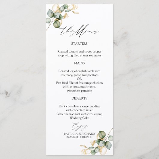 Elegant Goud Groen Bruiloft Menu Kaarten (Voorkant)
