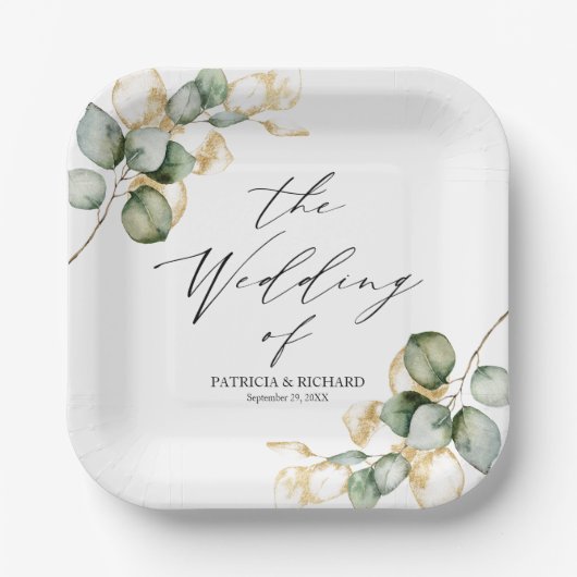 Elegant Goud Groen Bruiloft Papieren Bordje (Voorkant)