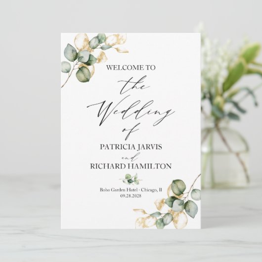 Elegant goud groen bruiloft programma (Staand voorkant)