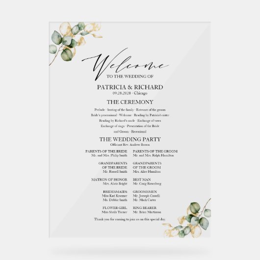 Elegant goud groen bruiloft programma acryl bord (Voorkant)