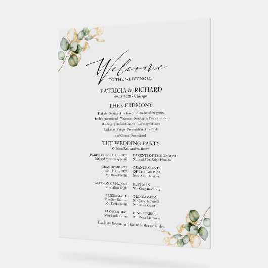 Elegant goud groen bruiloft programma acryl bord (Hoek)