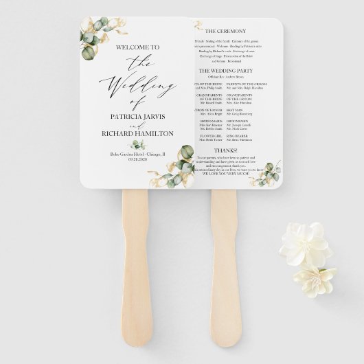 Elegant goud groen bruiloft programma handwaaier (Voorkant en achterkant)