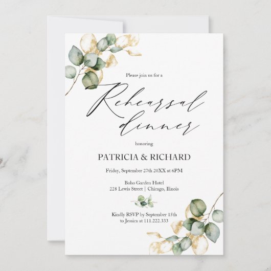 Elegant Goud Groen Bruiloft Repetitie Diner Kaart (Voorkant)