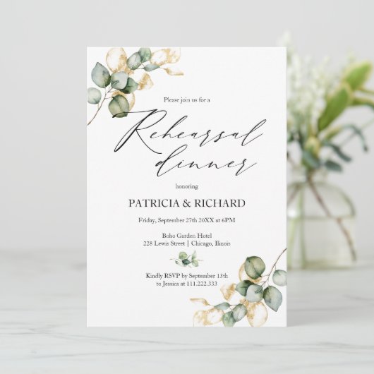 Elegant Goud Groen Bruiloft Repetitie Diner Kaart (Staand voorkant)