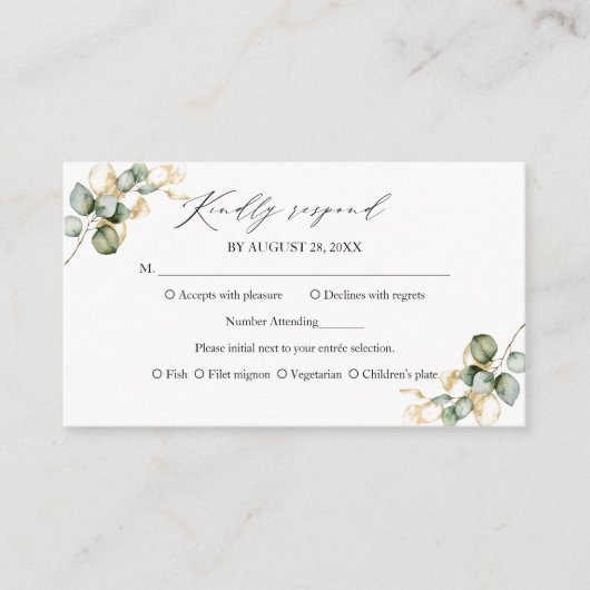 Elegant Goud Groen Bruiloft RSVP Kaart (Voorkant)