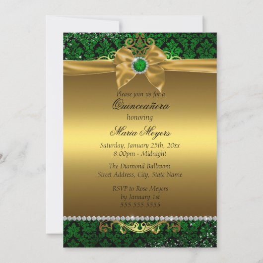 Elegant Goud Groen Damast Quinceanera Uitnodigen Kaart (Achterkant)