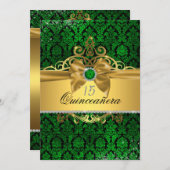 Elegant Goud Groen Damast Quinceanera Uitnodigen Kaart (Voorkant / Achterkant)