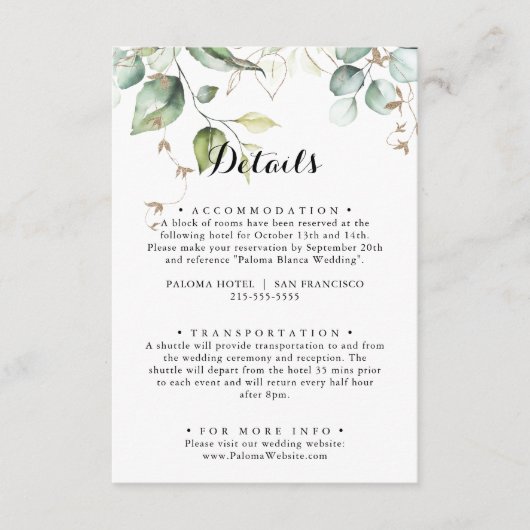 Elegant Goud Groen Kalligrafie Bruiloft Details Informatiekaartje (Voorkant)