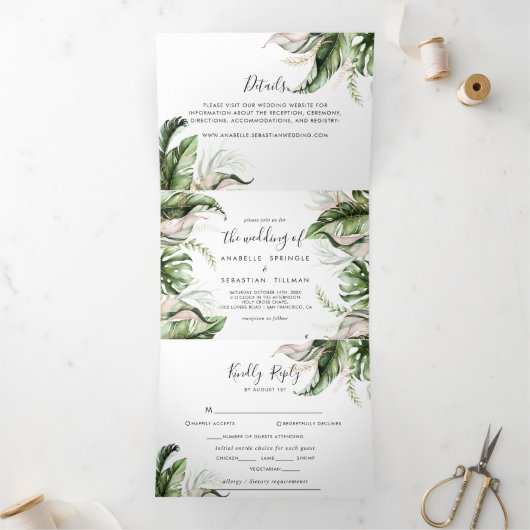 Elegant Goud Groen Kalligrafie Bruiloft Drieluik Uitnodiging (Binnen)