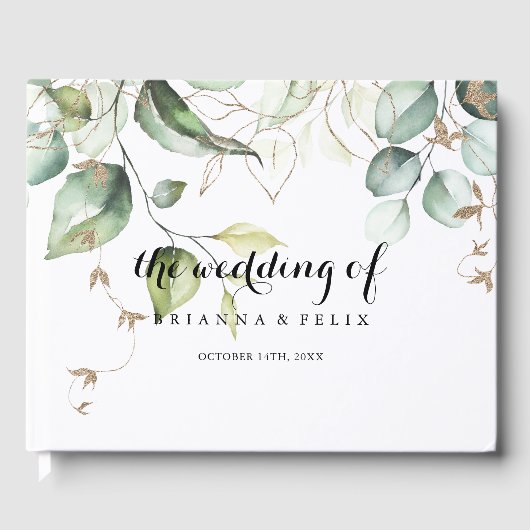 Elegant Goud Groen Kalligrafie Bruiloft Gastenboek (Voorkant)