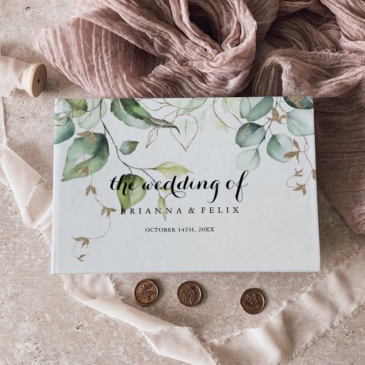 Elegant Goud Groen Kalligrafie Bruiloft Gastenboek