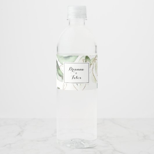 Elegant Goud Groen Kalligrafie Bruiloft Waterfles Etiket (Voorkant)