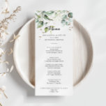 Elegant Goud Groen Kalligrafie Diner Menu<br><div class="desc">Deze elegante gouden groene kalligrafie diner menukaart is perfect voor een moderne bruiloft. Het ontwerp is voorzien van handgetekende gouden en botanische groene eucalyptusbladeren,  inspirerende artistieke schoonheid. Dit menu kan worden gebruikt voor een huwelijksreceptie,  repetitiediner,  vrijgezellenfeest of een evenement.</div>