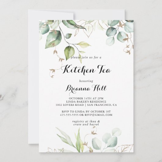 Elegant Goud Groen Keuken Thee Vrijgezellenfeest Kaart (Voorkant)