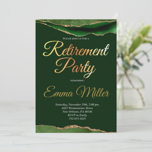 Elegant Goud Groen Pensioen Partij Kaart (Staand voorkant)