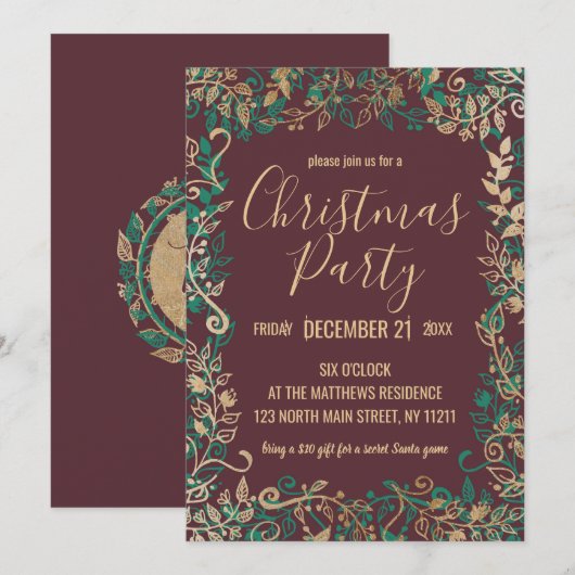 Elegant Goud Groen Rood Bloemen Kerstfeest Kaart (Voorkant / Achterkant)