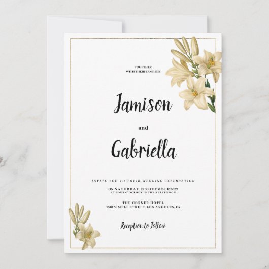 Elegant goud groen wit lelie bloem bruiloft kaart (Voorkant)
