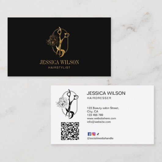 Elegant Goud Haarstylist Schaar Bloemen QR Code Visitekaartje (Voorkant / Achterkant)