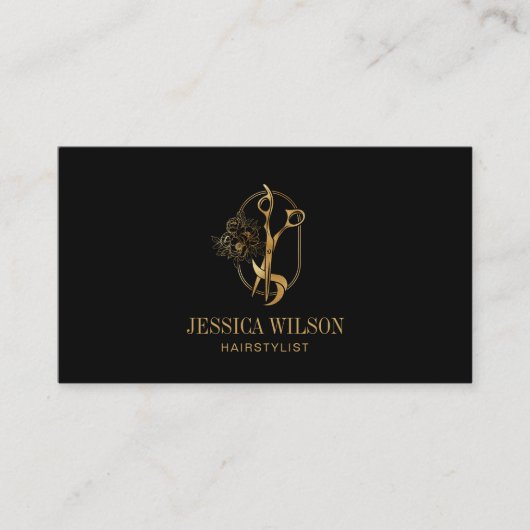 Elegant Goud Haarstylist Schaar Bloemen QR Code Visitekaartje (Voorkant)