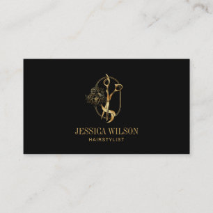 Elegant Goud Haarstylist Schaar Bloemen QR Code Visitekaartje