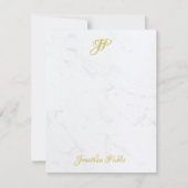 Elegant Goud Hand Script Monogram Wit Marmer Notitiekaartje (Voorkant)