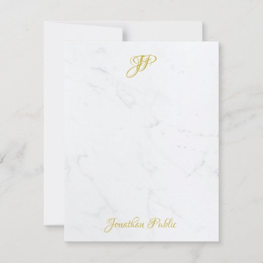 Elegant Goud Hand Script Monogram Wit Marmer Notitiekaartje (Voorkant)