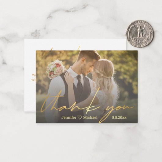 elegant goud handgeschreven trouwfoto bedankt notitiekaartje (Voorkant / Achterkant in situ)